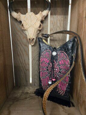 custom made vintage authentic cowboy boot purse bag lace belt strap cross wings